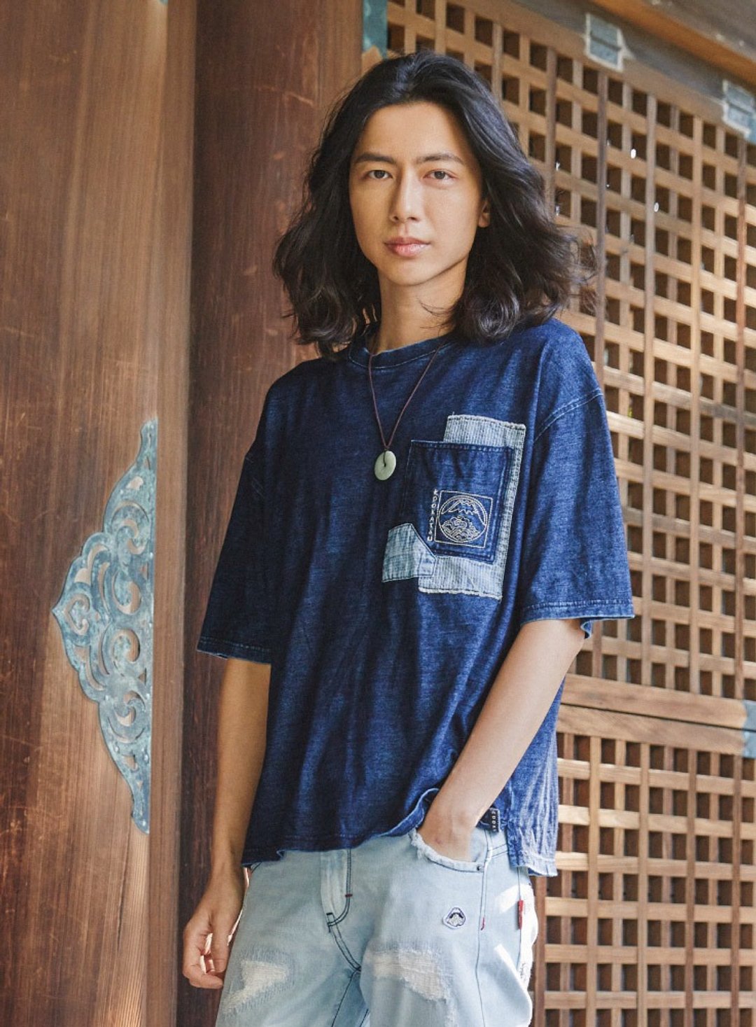 江户胜 日系 蓝染贴布宽版 短袖T恤-男款 (酵洗蓝) #上衣 - 男装上衣/T 恤 - 棉 蓝色