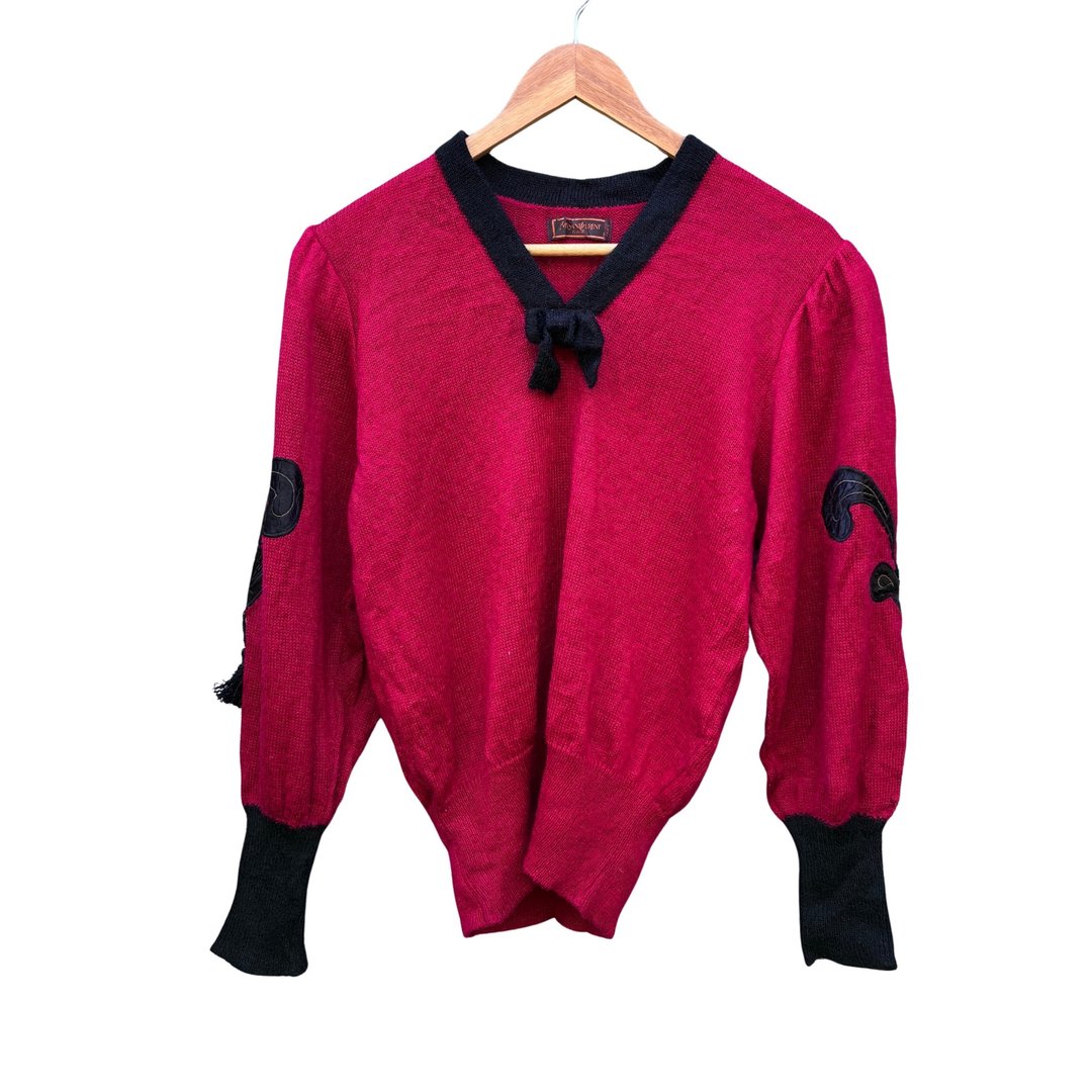 复古 YSL Yves Saint Laurent Tricot 蝴蝶结针织毛衣 红色 黑色 - 女装针织衫/毛衣 - 羊毛 红色