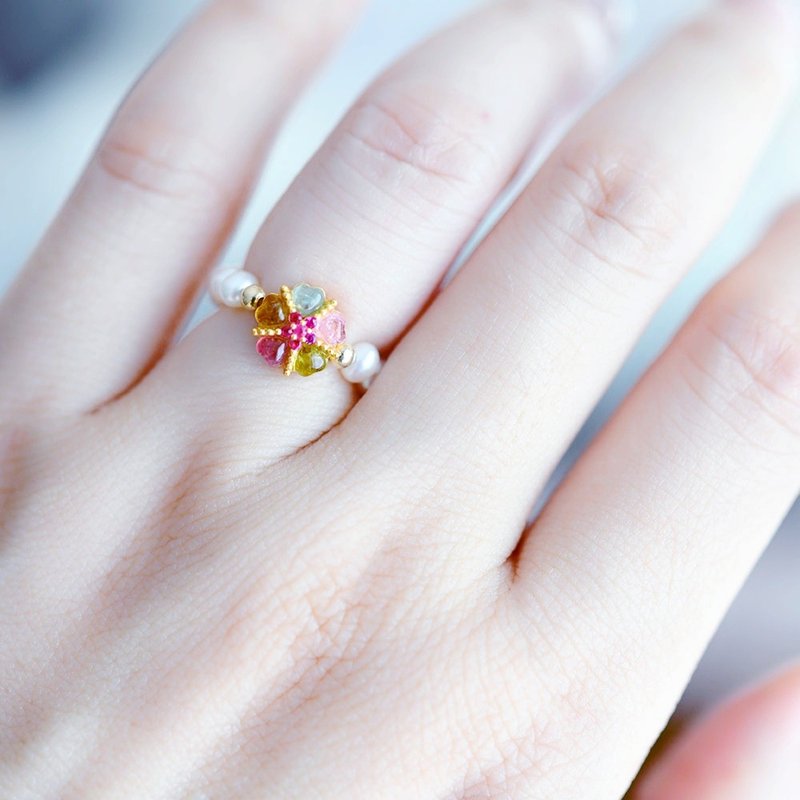 负离子能量宝石 彩虹碧玺与淡水珍珠戒指 尾戒 10月/6月诞生石 - 戒指 - 其他金属 多色