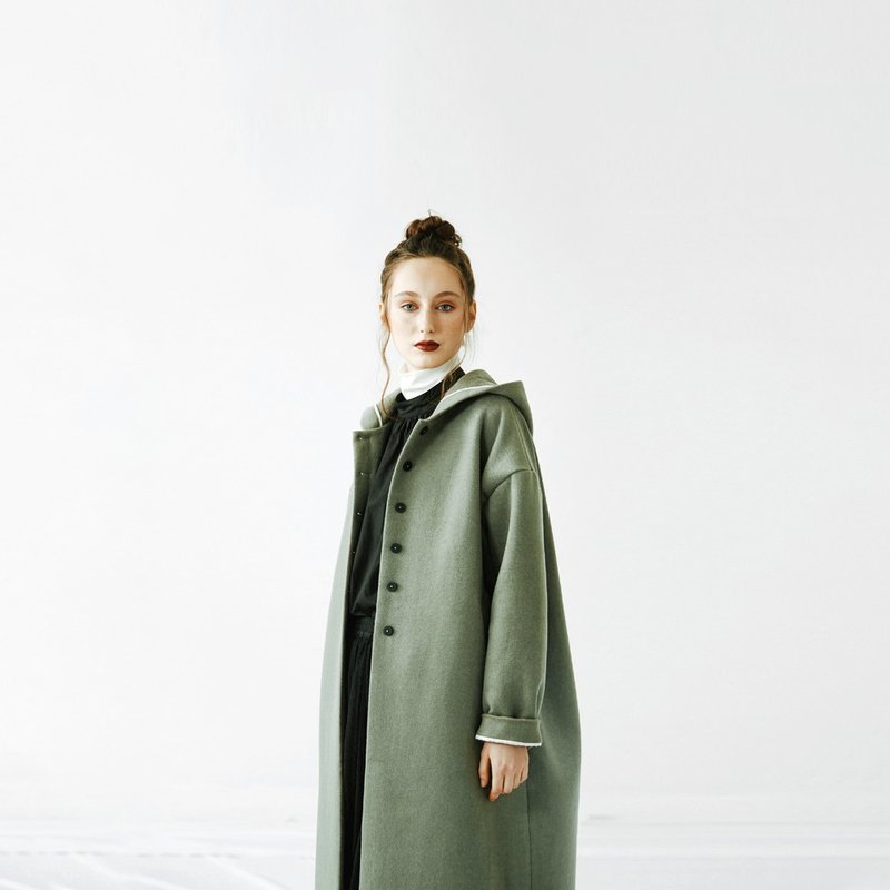 蟹壳青双面羊毛尼大衣 - 女装休闲/机能外套 - 羊毛 绿色