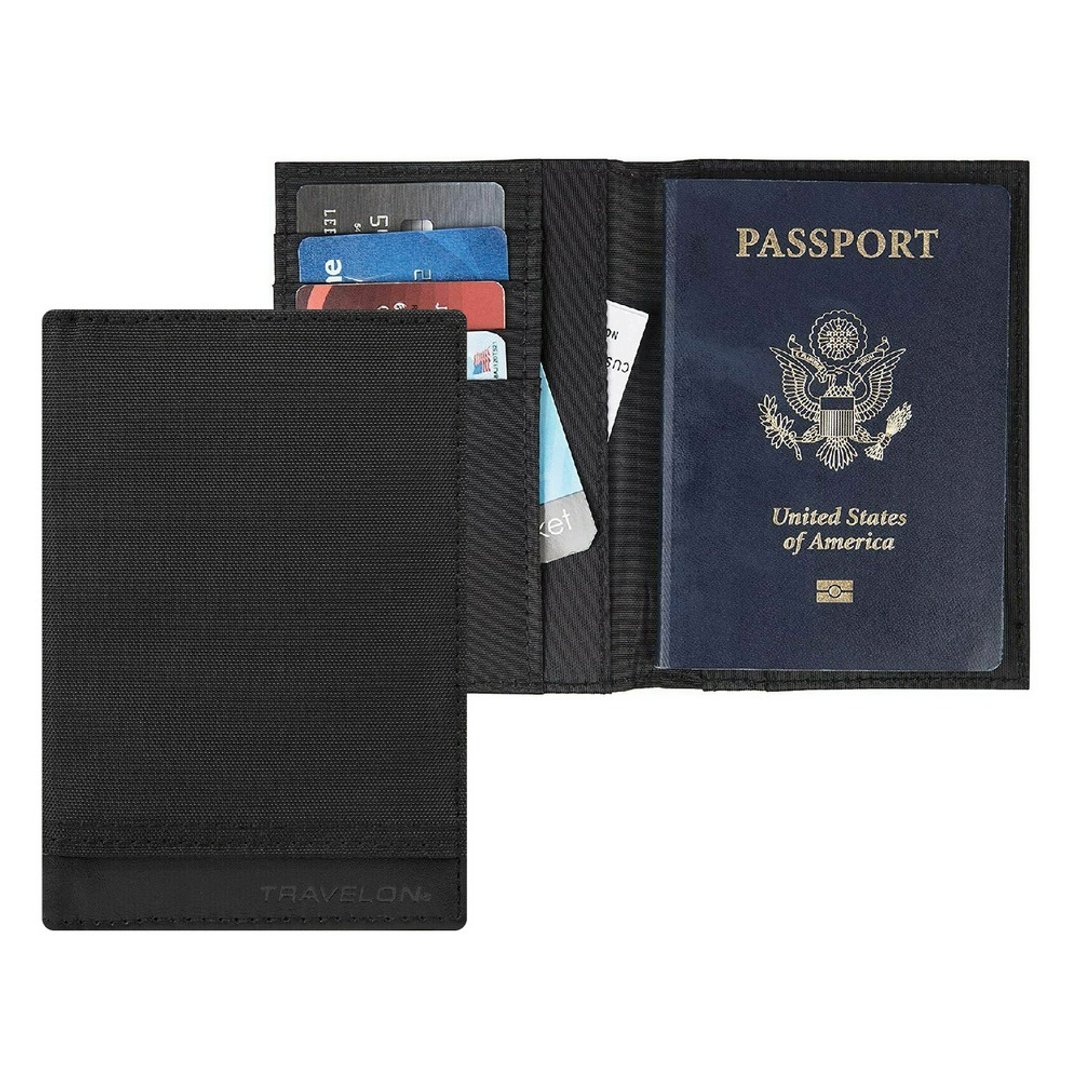 美国 TRAVELON 拼接皮革护照夹 (墨黑) RFID 防盗 保护套 - 护照夹/护照套 - 尼龙 黑色