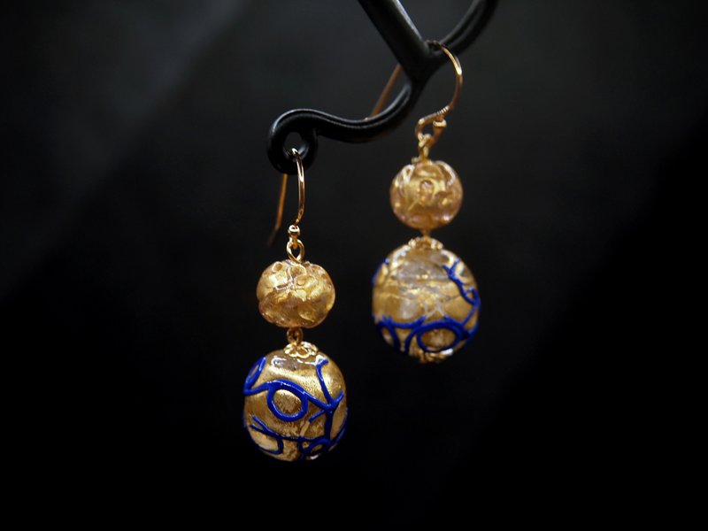 金珠蓝线珠 -60 年代穆拉诺琉璃珠耳环 - 苏咪珠儿 SJE078 - 耳环/耳夹 - 玻璃 金色