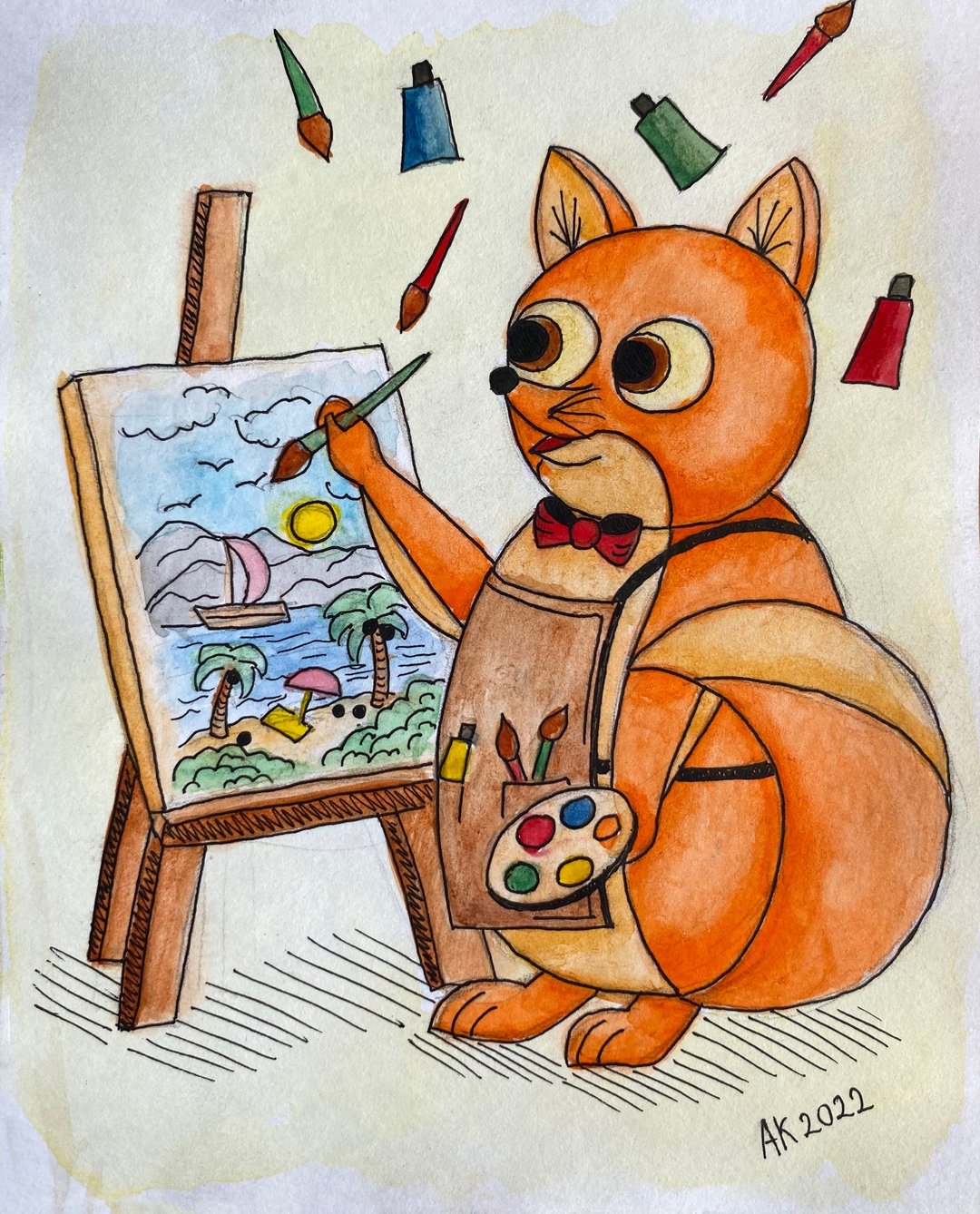 狐狸画家，水彩画，可爱的卡通人物，动物墙艺术品 - 墙贴/壁贴 - 其他材质 橘色