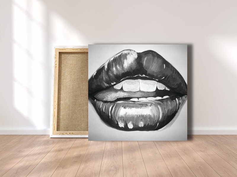 Lips Painting, Lips Wall Decor, Lips Acrylic Painting on Canvas - 墙贴/壁贴 - 压克力 灰色