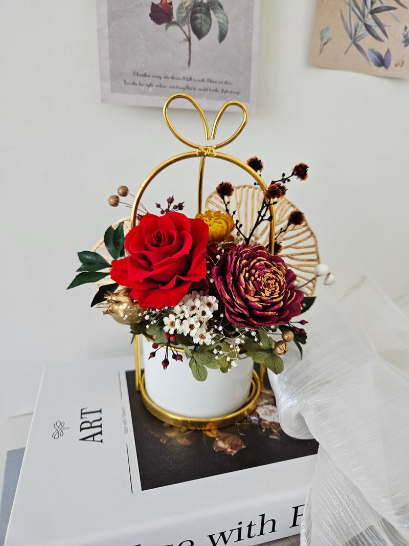 金色爱心铁器永生盆花 开幕盆花 祝贺花礼 新年花礼 - 干燥花/捧花 - 植物．花 红色