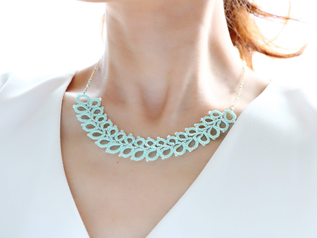 14 kgf-Tatting necklace (sky blue) - 项链 - 棉 蓝色