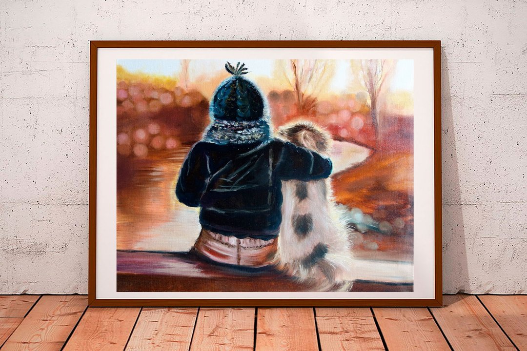 Child and Dog Painting Oil Pets Original Art Artwork Friends Canvas Art - 海报/装饰画/版画 - 颜料 多色