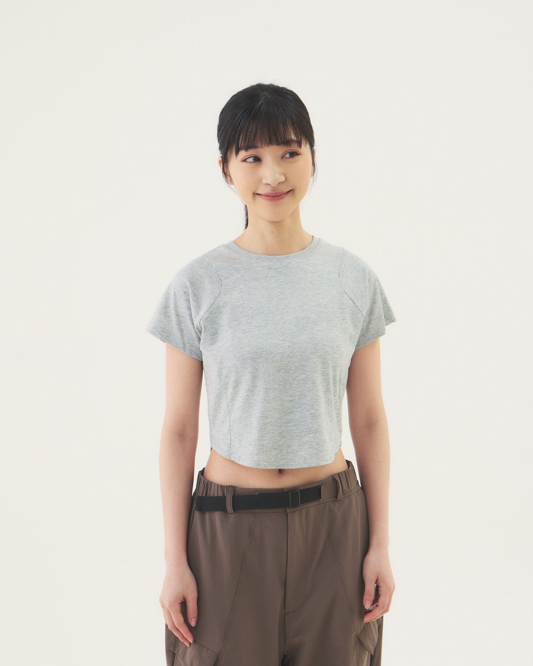 圆摆剪接短 Tee (灰) - 女装 T 恤 - 棉 灰色