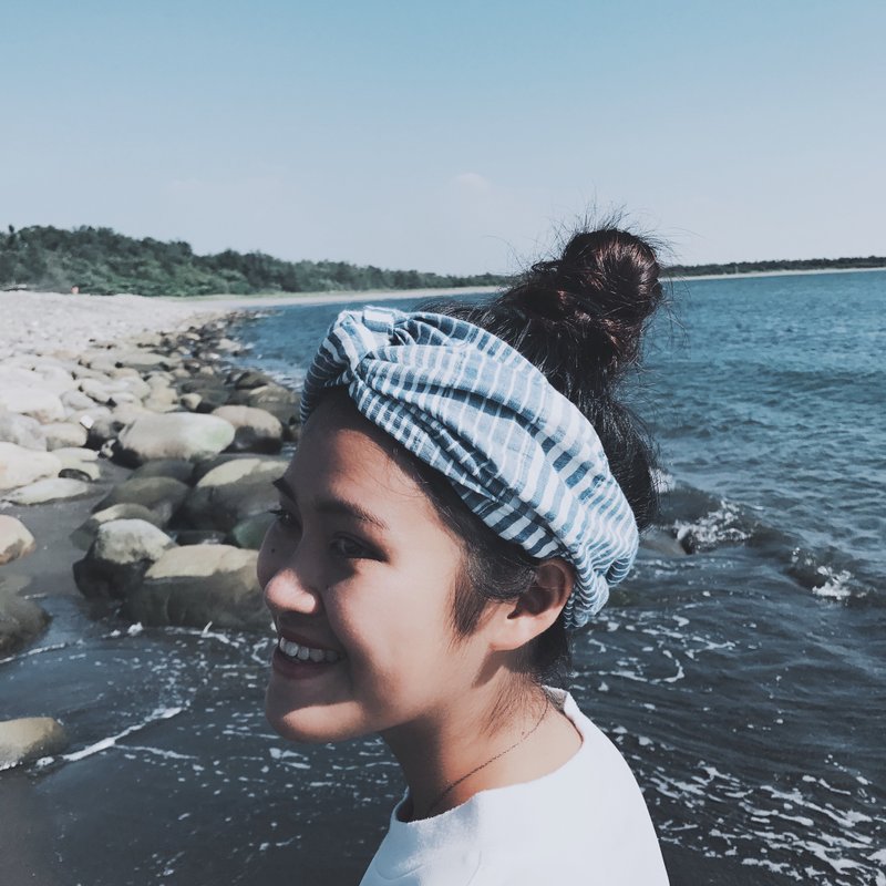 蓝田 巾帽式 松紧极宽版/手工发带 - 发带/发箍 - 棉．麻 蓝色