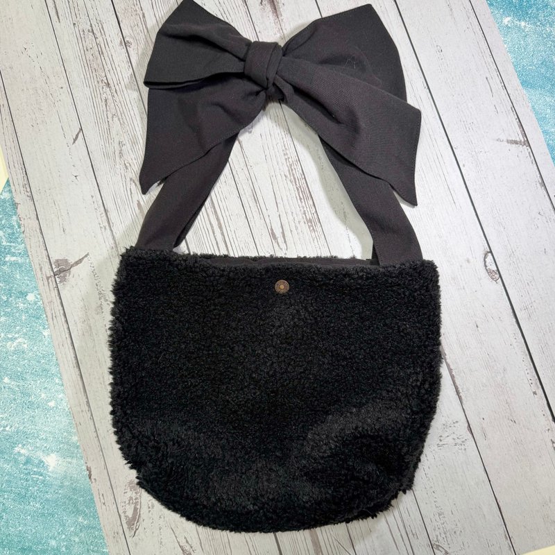 蝴蝶结三用泰迪长毛绒手提/侧背/斜背包 - 侧背包/斜挎包 - 棉．麻 黑色