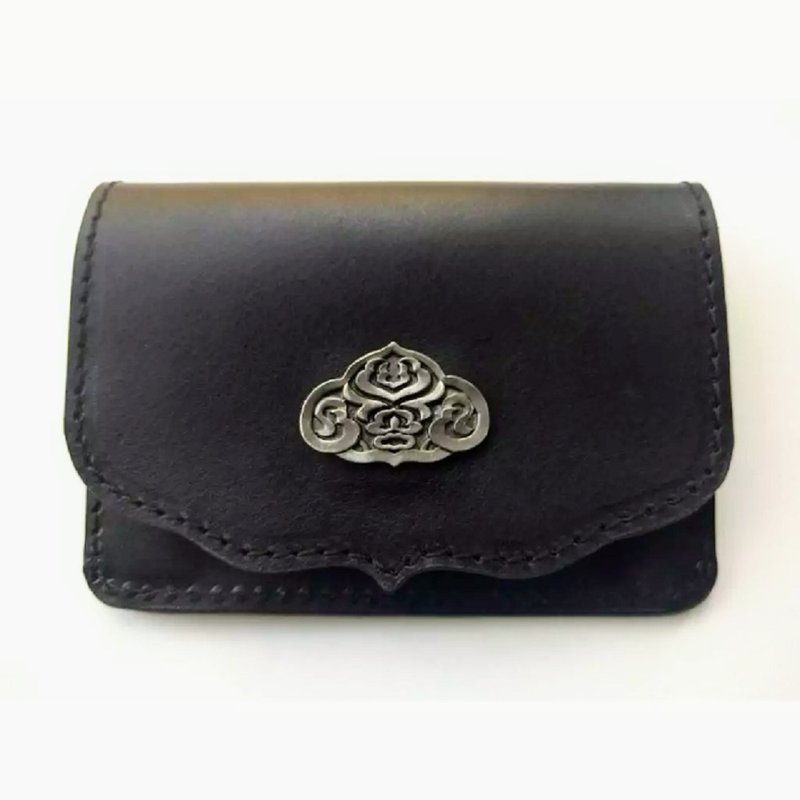 真皮多功能名片 信用卡 零钱袋 复古祥云 云端铁牌 风琴侧片设计 - 名片夹/名片盒 - 真皮 黑色