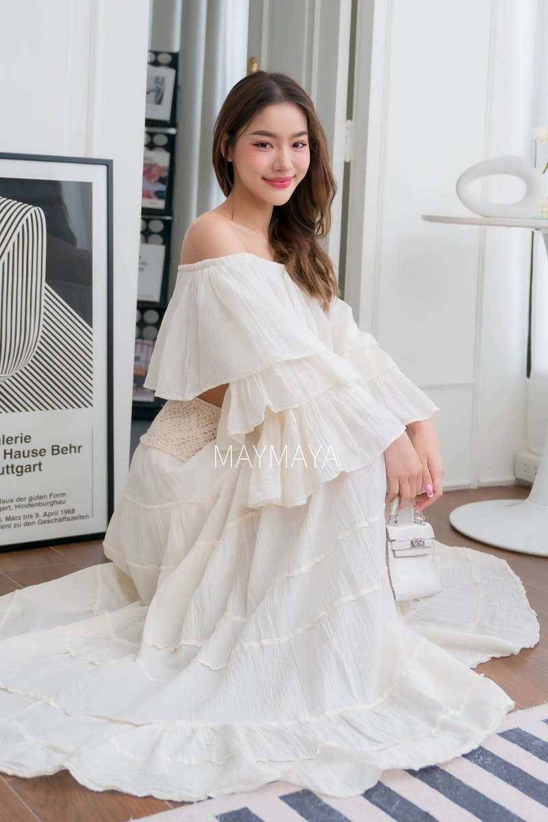 Red 手工棉质 Bardot 层叠荷叶边短版上衣 - 女装上衣 - 棉．麻 红色