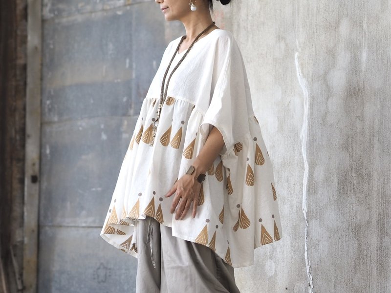 木版印刷×麻棉 / 罩衫 - 女装衬衫 - 棉．麻 白色