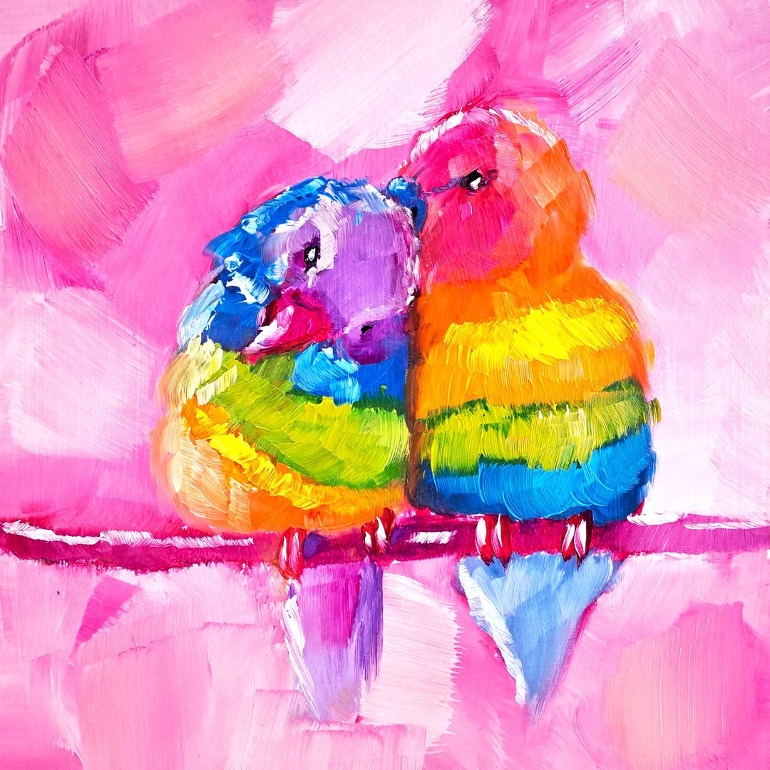 Parrot Painting Couple Original Art Bird Oil Painting Parrots Wall Art - 海报/装饰画/版画 - 其他材质 多色