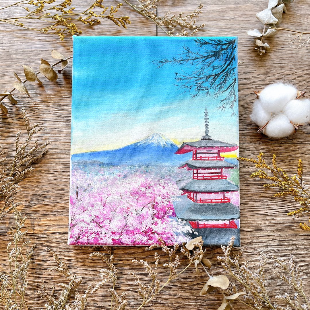 世界景点 日本樱花 富士山 油画课程 绘画 礼物 无绘画基础可学 - 插画/绘画/写字 - 棉 