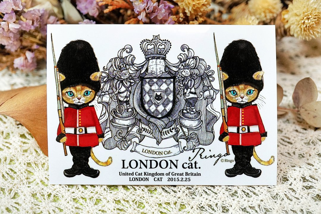 卫兵猫 (横式) - 手绘日制动物疗愈防水贴纸 / 小卡片 / 行李箱 / 笔电 - 贴纸 - 防水材质 红色