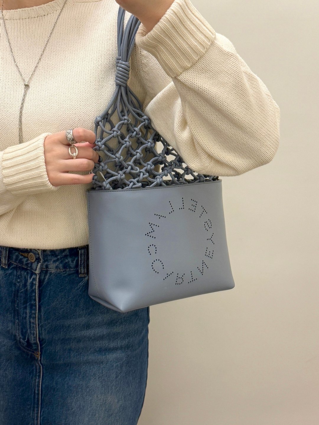 中古 Stella McCartney 雾蓝 faux 皮革编织单肩 托特包 - 侧背包/斜挎包 - 其他材质 蓝色
