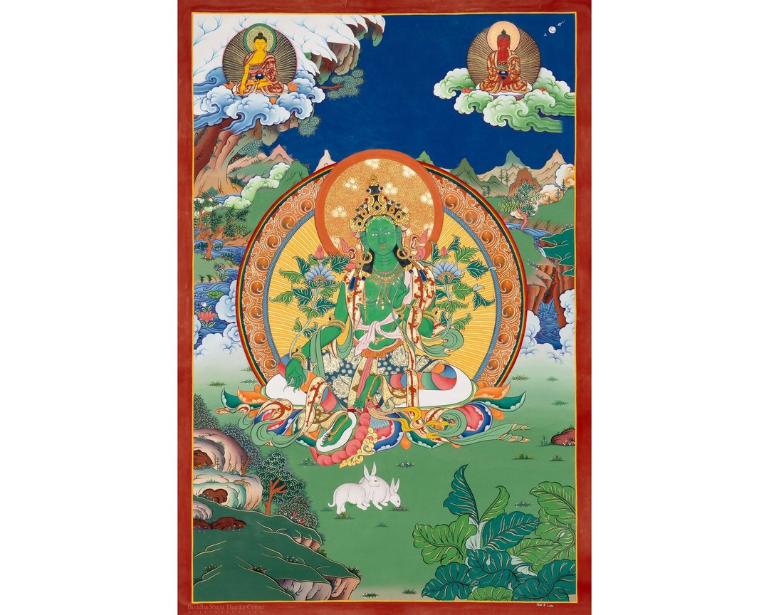 古董绿度母唐卡 - 启蒙的象征 - 墙贴/壁贴 - 其他材质 多色