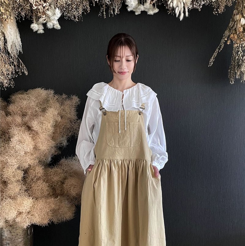 棉质斜纹布吊带皱褶裙/米色 - 洋装/连衣裙 - 棉．麻 卡其色