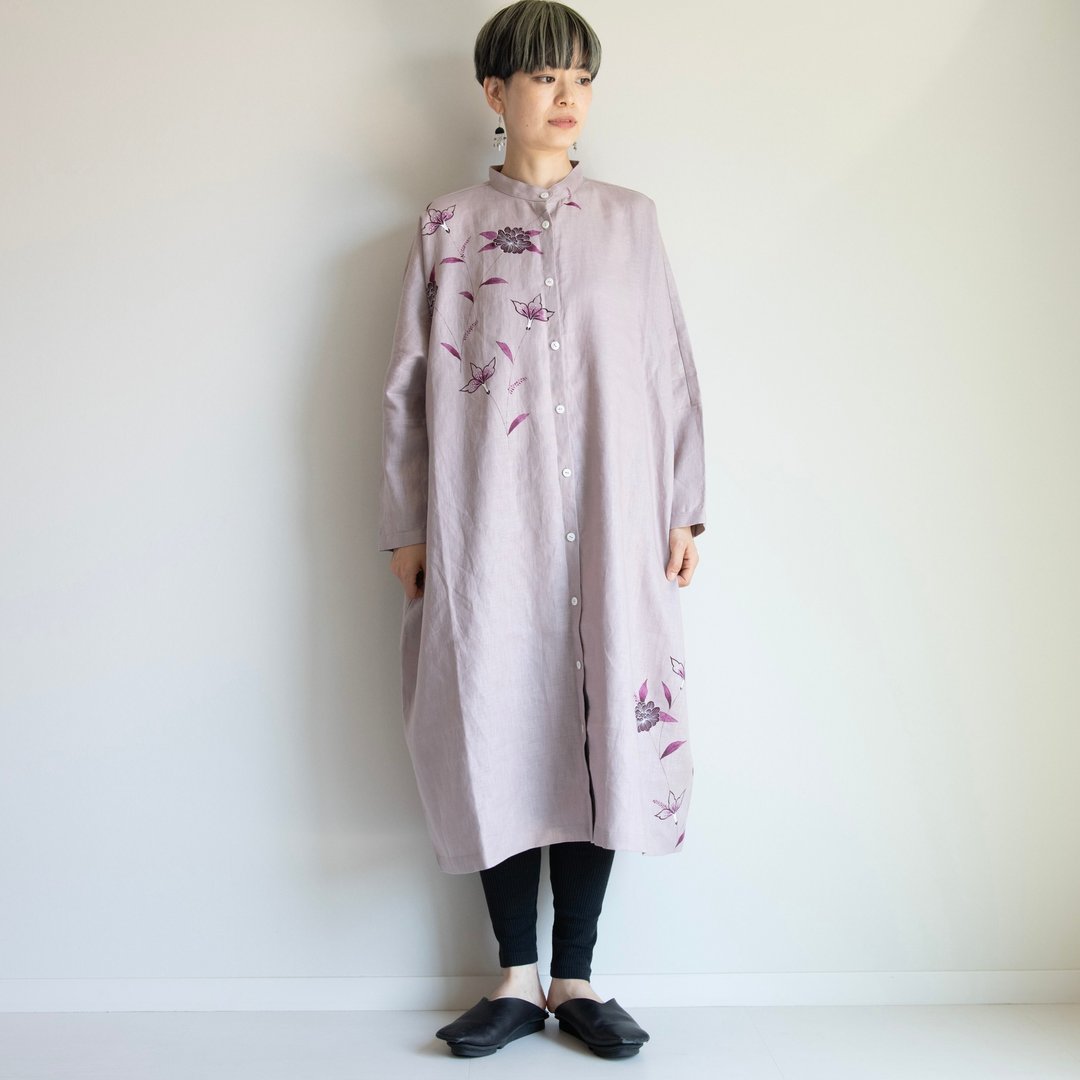 立领衬衫洋装 / 雾粉色 印花・牡丹 - 洋装/连衣裙 - 棉 粉红色
