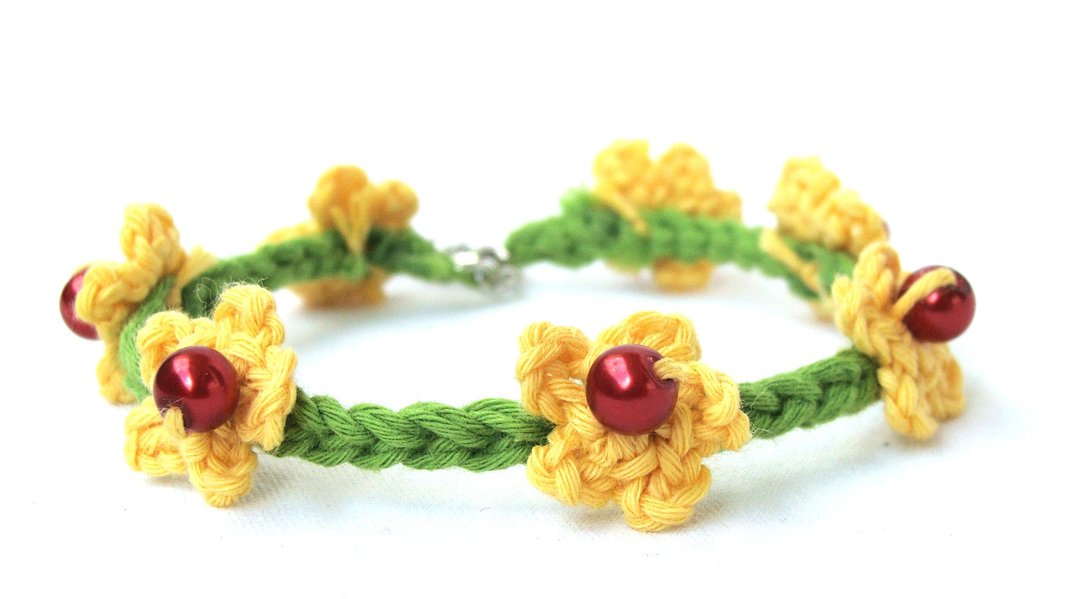Crochet anklet bracelet summer flowers, barefoot fiber jewelry, foot bracelet - 手链/手环 - 棉 绿色