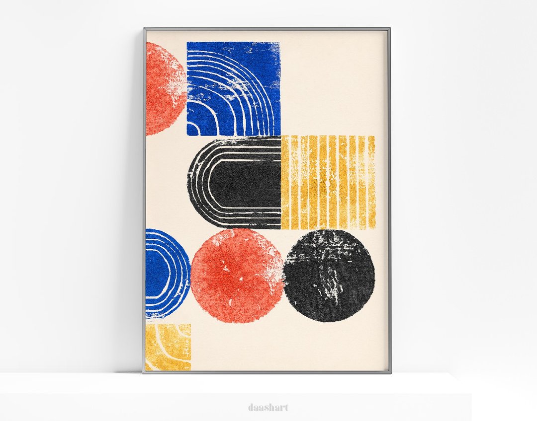 Handmade forms Bauhaus poster vintage Blue yellow Red black Printable wall art - 电子手绘真人画像/绘画/插画 - 其他材质 