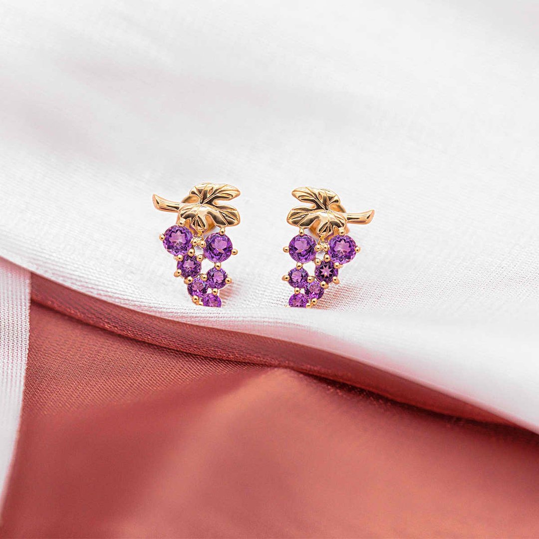 【PurpleMay Jewellery】纯18K金可爱葡萄设计紫水晶耳钉-E070 - 耳环/耳夹 - 宝石 紫色