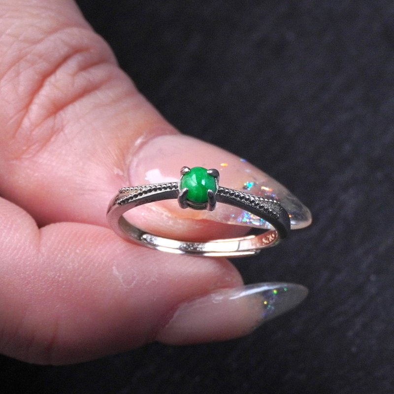 正阳绿翡翠蛋面戒指 925纯银 | 天然缅甸玉翡翠A货 | 送礼 - 戒指 - 玉石 透明