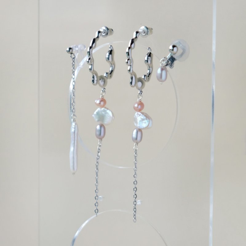 银灰色 粉紫色 不规则的巴洛克淡水珍珠 4件套 耳环 E357 - 耳环/耳夹 - 珍珠 白色