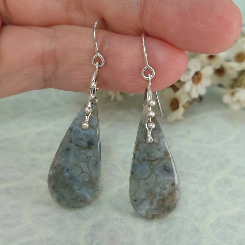 耳环 天然 海洋碧玉 高雅低调 美丽灰褐色花纹 925银饰 宝石 饰品 - 耳环/耳夹 - 宝石 