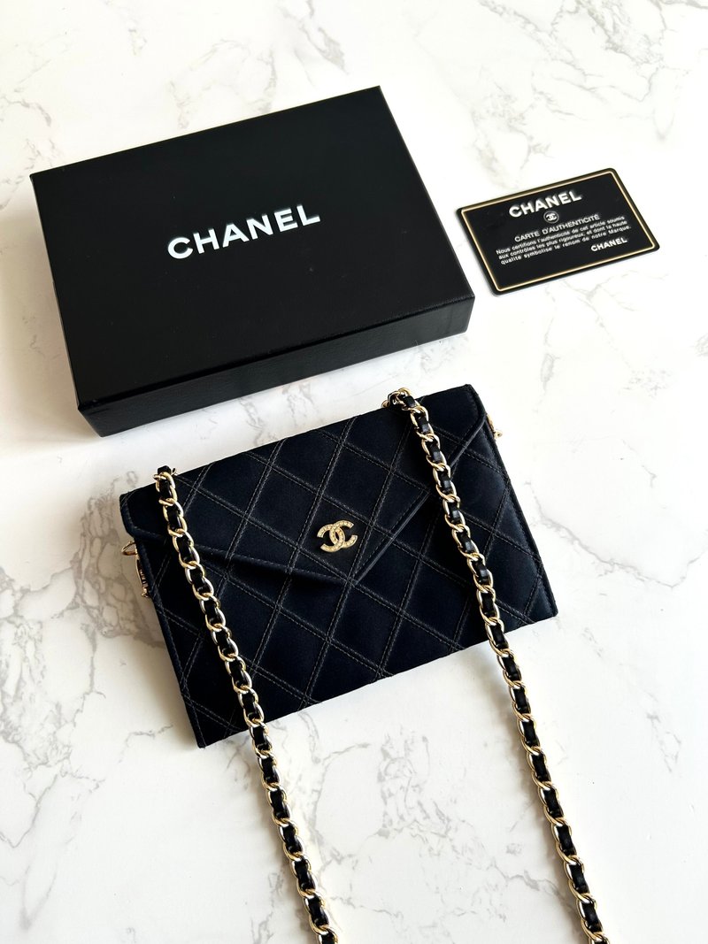 绝版中古包 Chanel 黑色丝绢水钻斜背包 单肩包 钱包 侧背包 中古 - 侧背包/斜挎包 - 其他材质 黑色