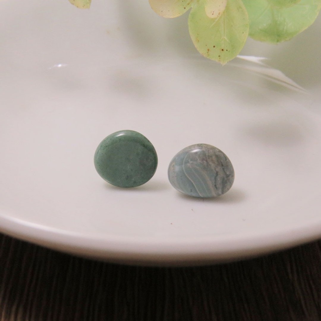 宝石系列 / 莫兰迪色天然玛瑙耳钉(绿蓝)一对 / 925银 - 耳环/耳夹 - 其他金属 银色