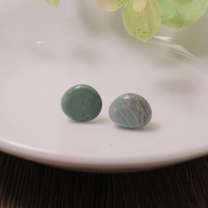 宝石系列 / 莫兰迪色天然玛瑙耳钉(绿蓝)一对 / 925银 - 耳环/耳夹 - 其他金属 银色