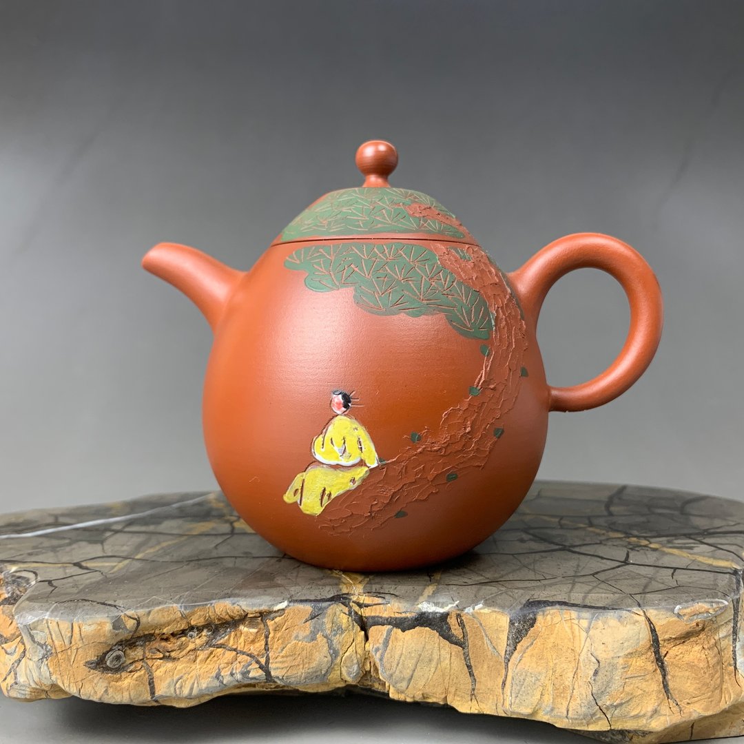 台湾【朱泥】手拉坏 龙旦 雕刻壶01 - 茶具/茶杯 - 陶 红色