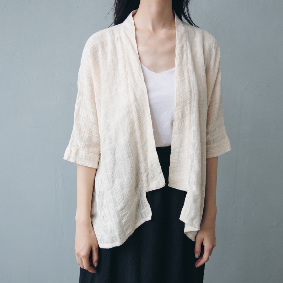 和服罩衫 - 米 - 女装休闲/机能外套 - 棉 白色