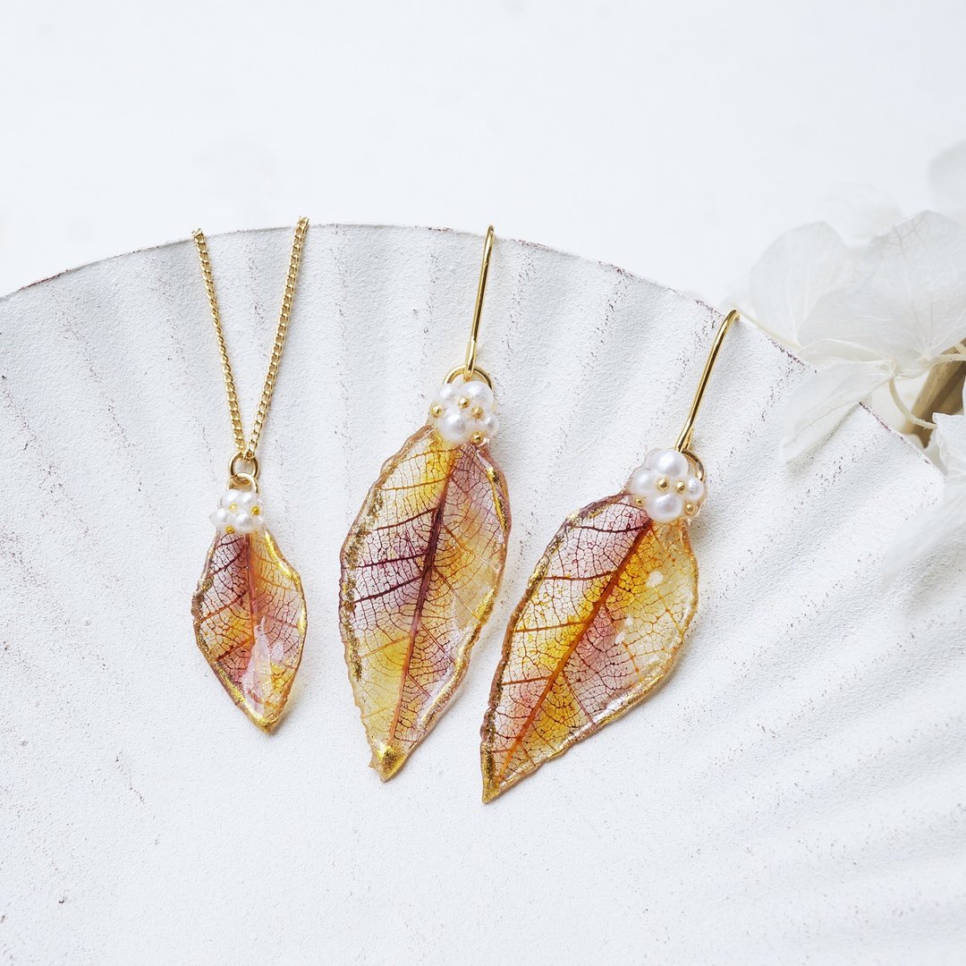 Real Leaf/Mini Real Leaf jewelry set - 耳环/耳夹 - 植物．花 咖啡色