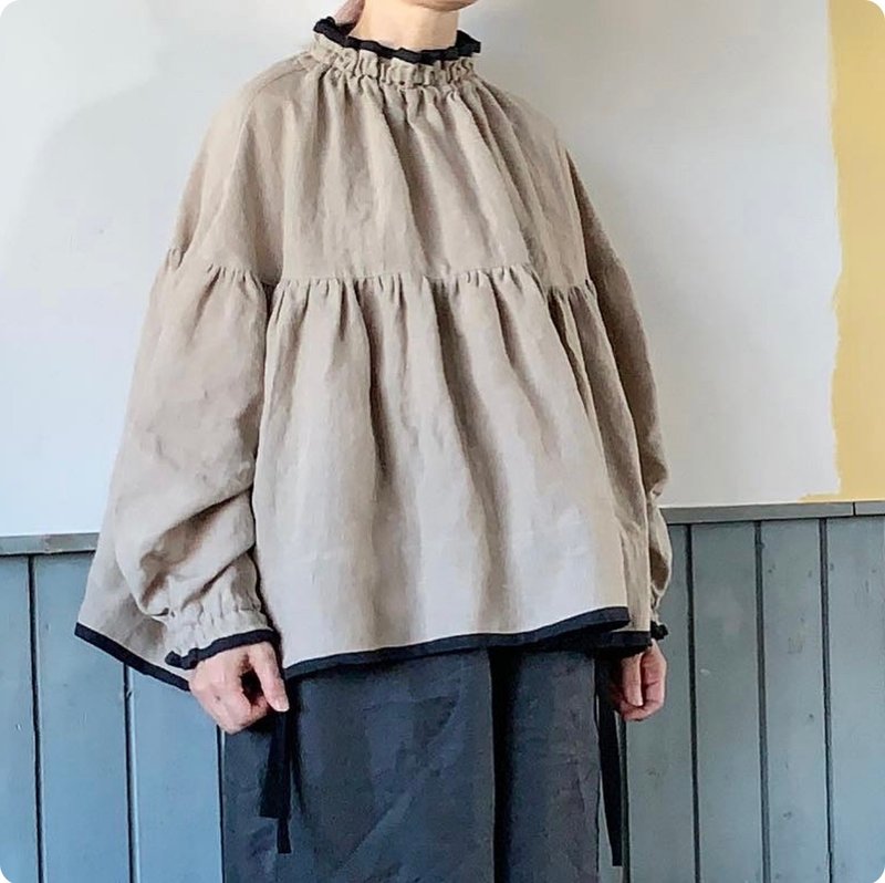 麻罩衫缩褶衬衫 日本手工制作 天然麻 - 女装上衣 - 棉．麻 