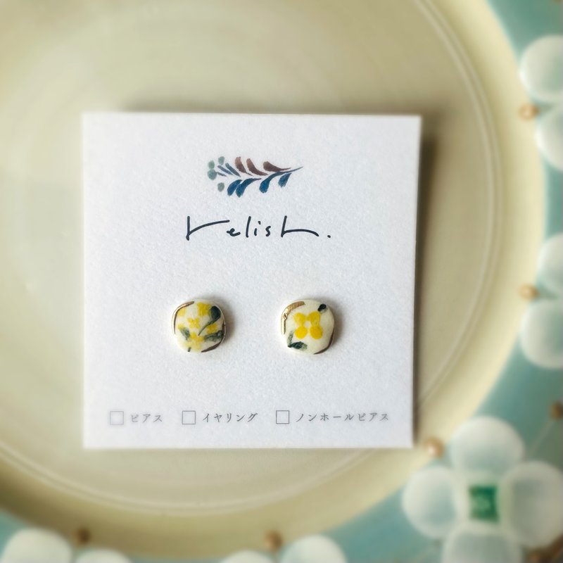 【再贩】金合欢 绘制 陶器 金继 耳针 耳夹 无耳洞耳夹 花 4月诞生花 花朵 黄色 黄金 金 绿色 绿色 小巧 迷你 - 耳环/耳夹 - 陶 黄色