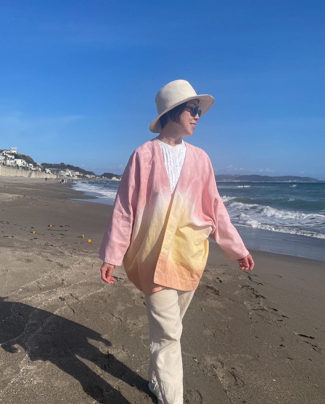 日本手工染色 Tropical Haori jacket 宽松身宽 凉爽着感 泥染立陶宛亚麻羽织式开襟衫 Relax - 女装上衣 - 棉 粉红色