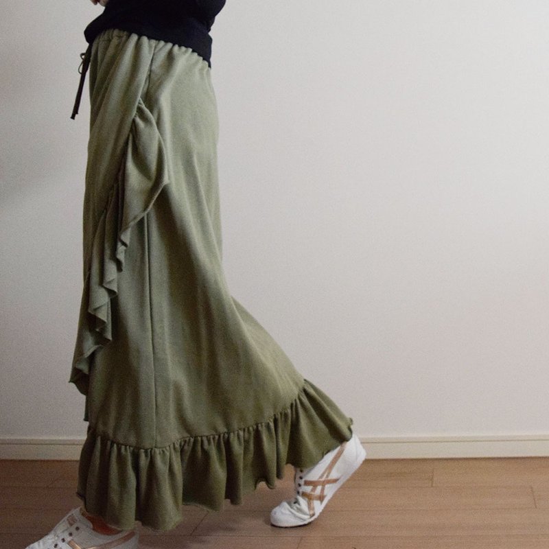 迷你毛圈布交叉荷叶边长半身裙 ∣ 浅卡其色 ∣ 接单制作 - 裙子 - 棉．麻 绿色
