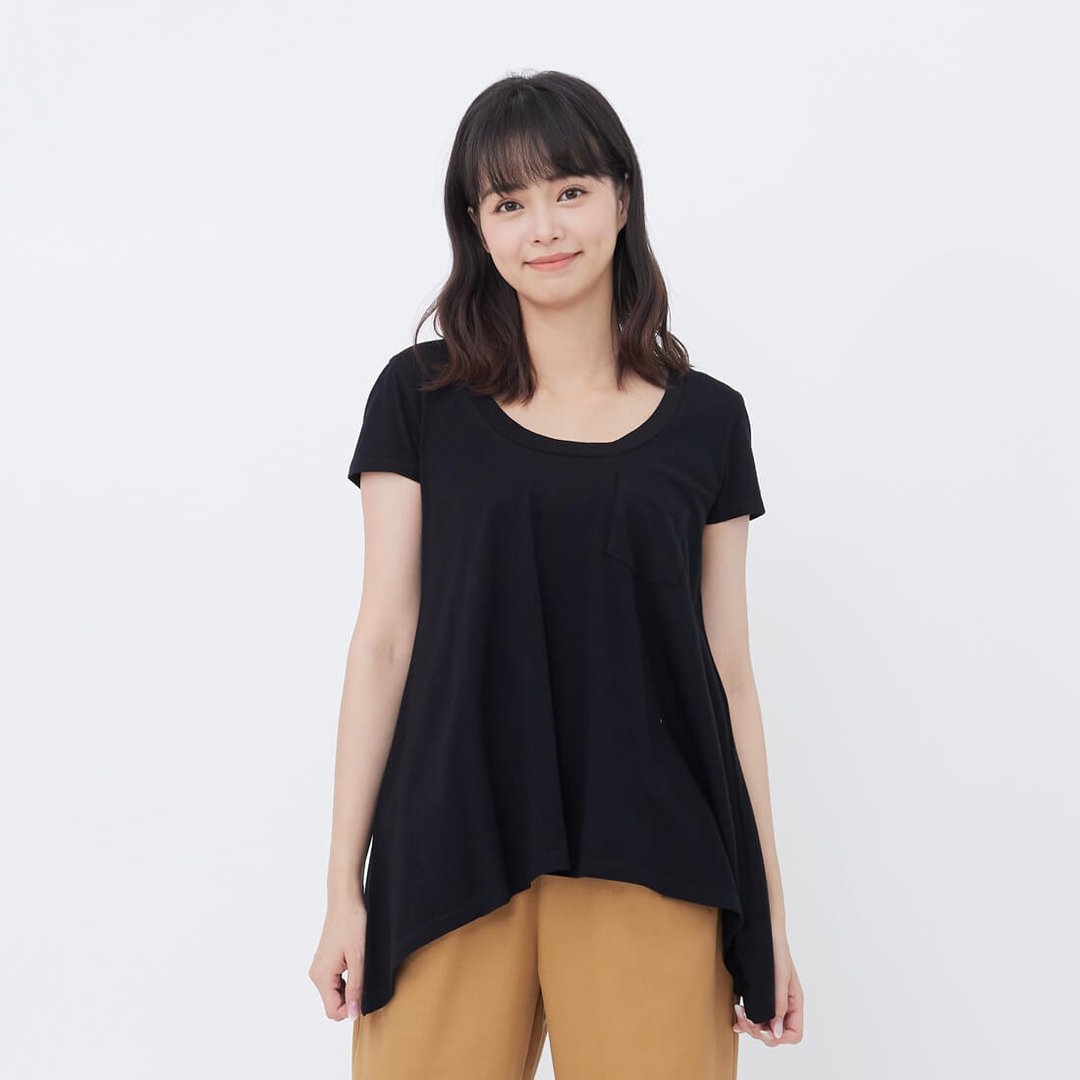 素面纯棉纯白短袖伞摆女TEE - 女装上衣 - 棉 黑色