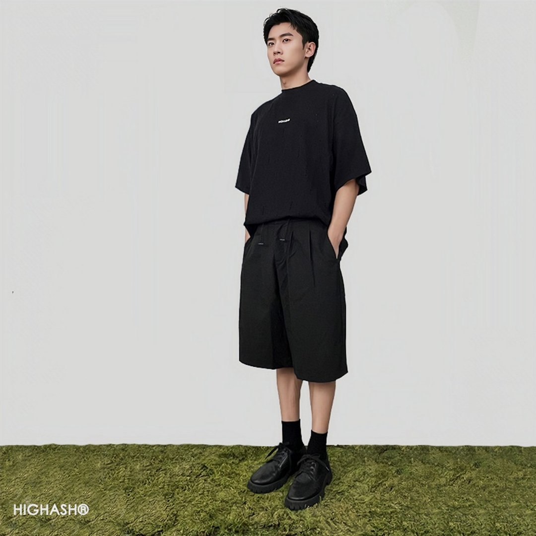 24ss230g破坏破洞LOGO半高小领口宽松短袖T恤HIGHASH高级灰 - 男装上衣/T 恤 - 棉 黑色