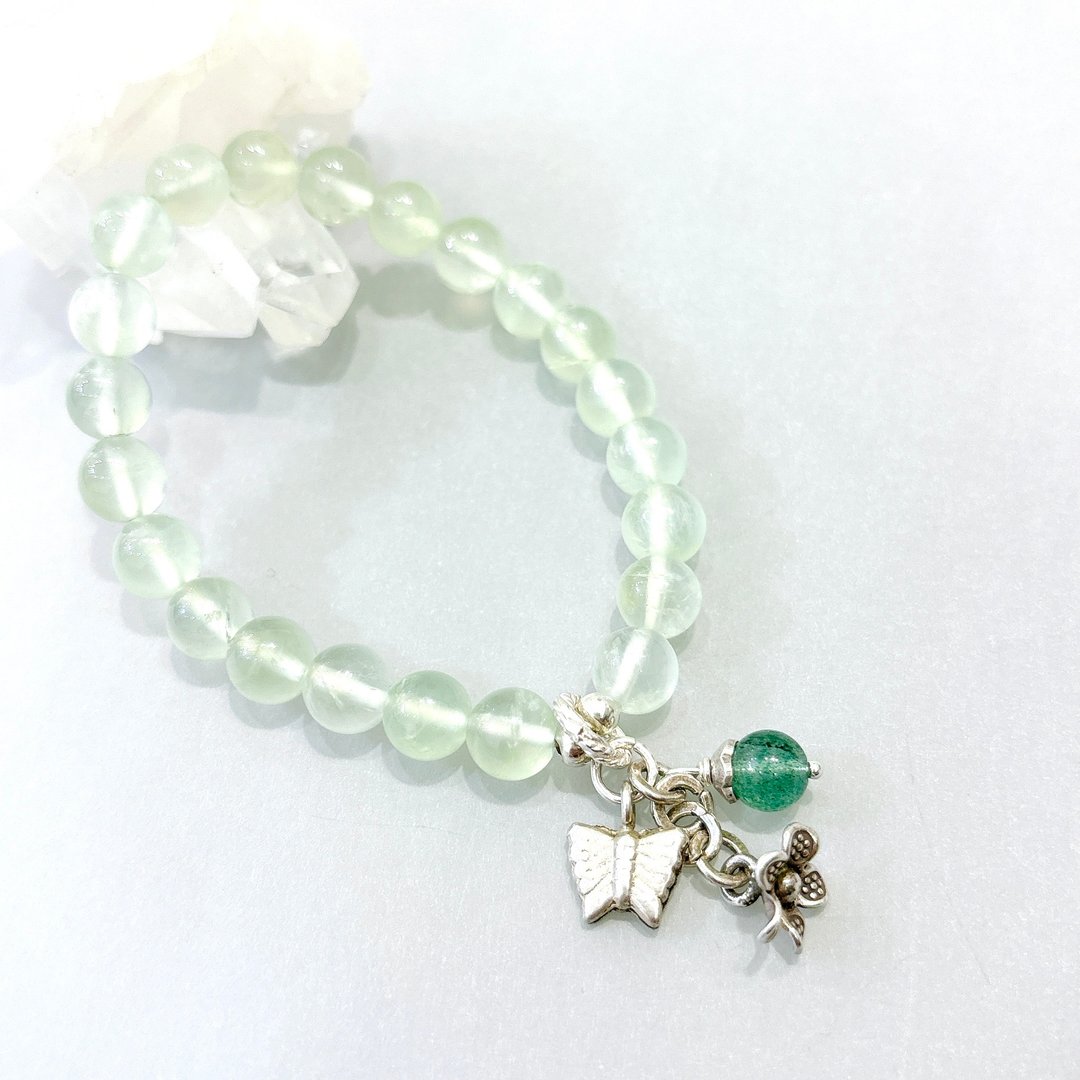 Ops Prehnite Sliver Bead -葡萄石/纯银/疗愈/绿草莓/心轮/手链 - 手链/手环 - 纯银 绿色