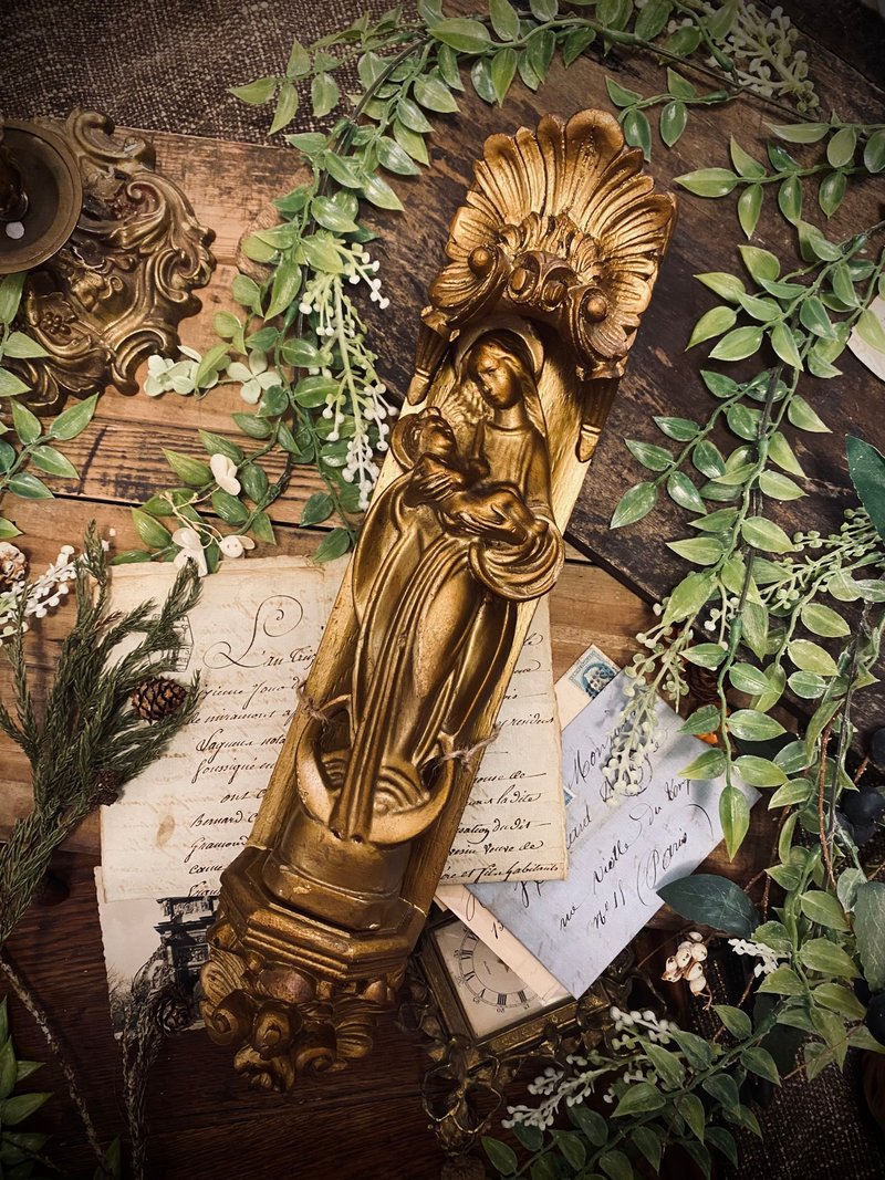 法国天主教19世纪金彩石膏塑形木底二圣像圣坛组 - 墙贴/壁贴 - 其他材质 金色