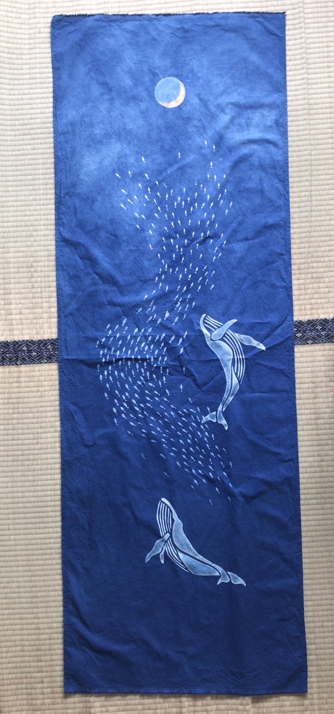 Sardine run, Whale & Moon Tapestry 鰯 鯨 Indigo dye 藍 shi shibori Katazurizome - 其他 - 棉 蓝色