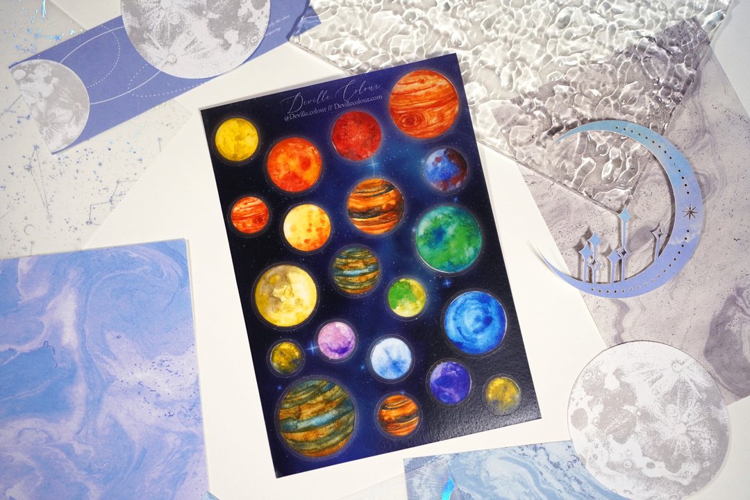 【Lunatic Planet】宇宙 星球 星夜 水彩插画 和纸贴纸 手帐 装饰 - 贴纸 - 纸 多色