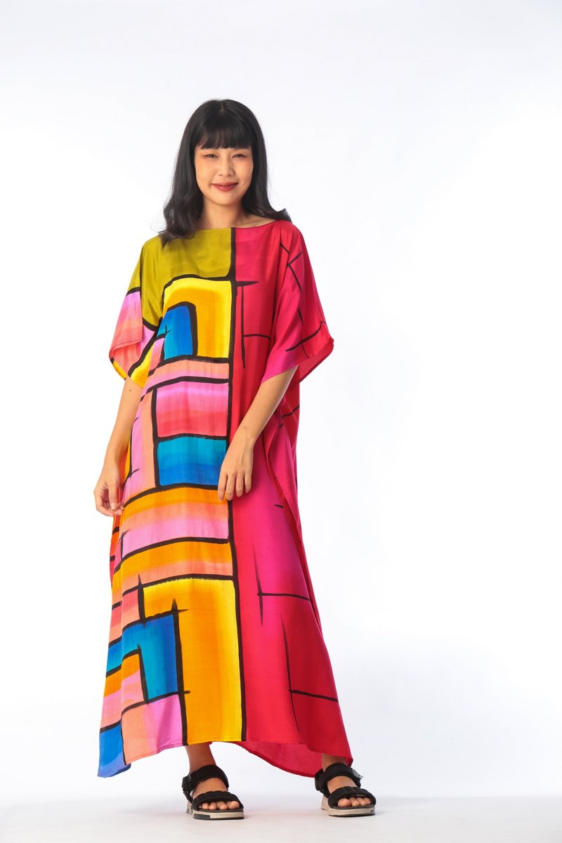 Hand Painted Cotton Silk Kaftan for Summer Resort Vacation F - 洋装/连衣裙 - 棉 红色