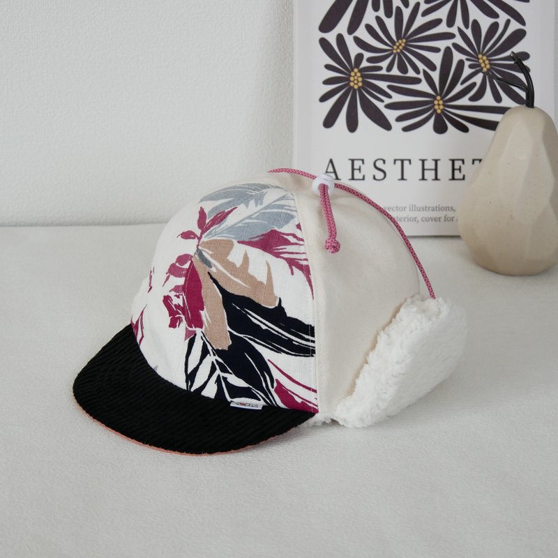 婴幼童帽 植物图案与丹宁的蓬松飞行帽 - 婴儿帽/发带 - 玫瑰金 白色