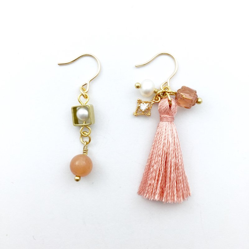 【若桑】|琅|小浪漫。天然珍珠。橙色月光石。天然紫水晶。超闪锆石。手工迷你流苏。进口骨董水晶。14KGF注金耳钩/防过敏耳环/耳饰 - 耳环/耳夹 - 宝石 粉红色