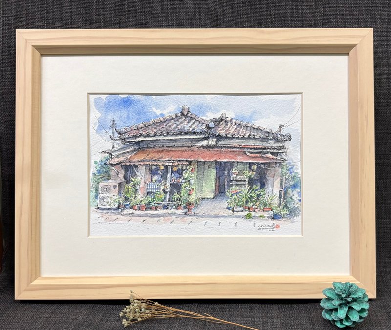 冲绳小食堂/手绘原创淡彩画/作品含木框32×24厘米 - 摆饰 - 纸 